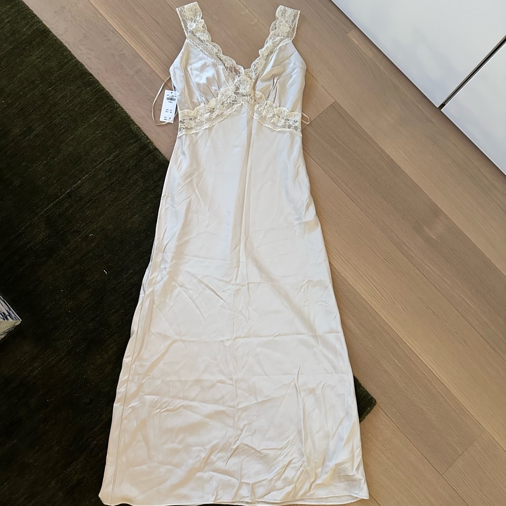 Abercrombie & Fitch Cream Lace-Trim Midi Dress